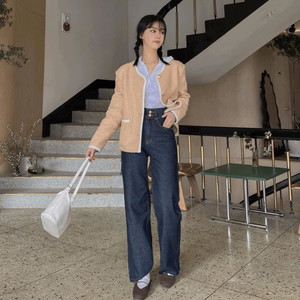 Fat removal two-button Raw wide denim pants hem cutting high waist solid jeans for all seasons SML Raw