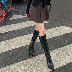 9cm square toe heel stiletto leather high slim leather long boots side zipper boot heel fall winter new look freshman look 2col 6size