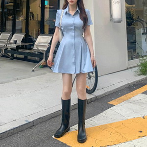 MADE Charurur Sky Sky Collar Button Cotton A-line Short Sleeve Mini Shirt Dress Dress Strap Cherry Blossom Look Flower Play Look Date Look Guest Look 6 Colors