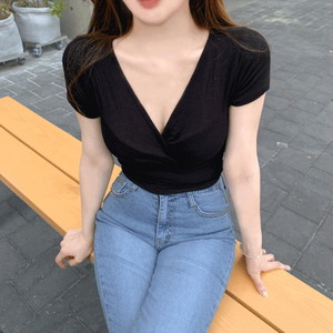 Soft and chewy cheese Spandex V-Neck slim wrap short sleeve crop t-shirt yoga clothes pilates clothes water bomb festival festival look black yellow mint white