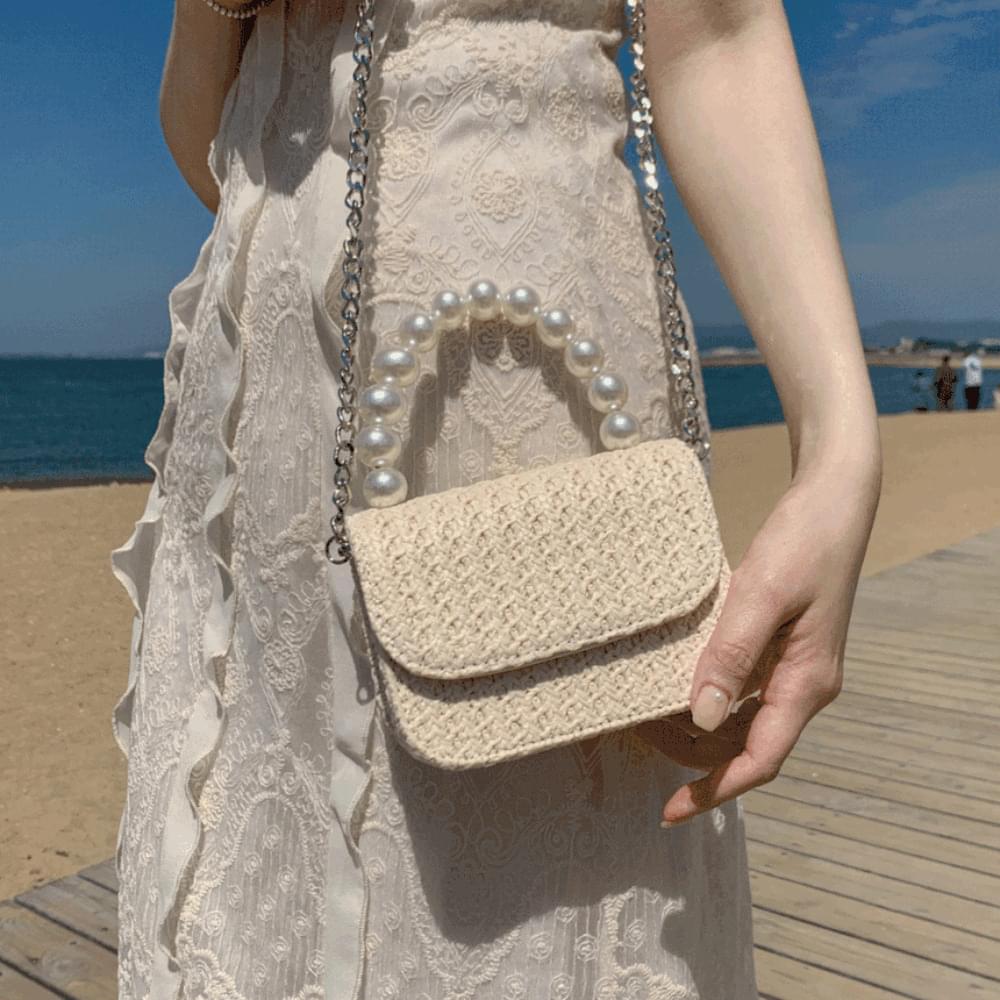 Mini rattan tweed pearl bag cosmetics storage card wallet chain pouch travel coordination straw net net cross bag leather shoulder bag tote bag mini bag bag ivory beige