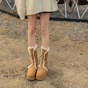 Suede lace-up chunky heel ugg long wool boots fur shoes high heel walker strap beige 5SIZE