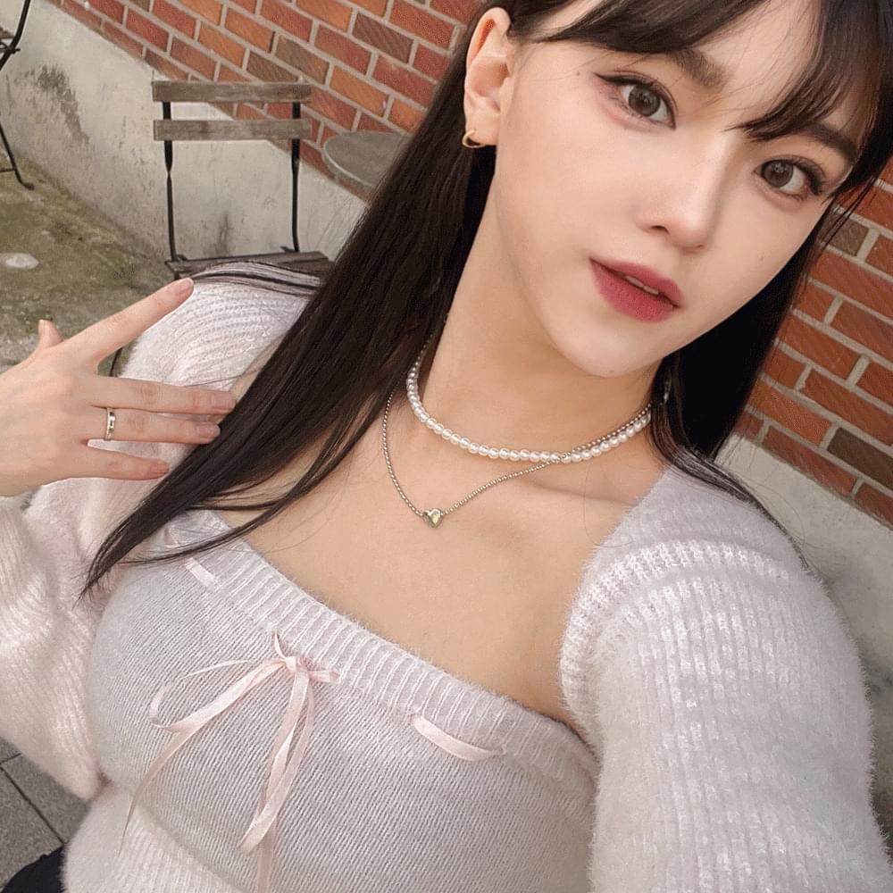 Ballet core ribbon fur crop top + long sleeve fur bolero cardigan angora set set tank top bustier Sleeveless fall winter feminine girlfriend look date look year-end look Christmas look 5col