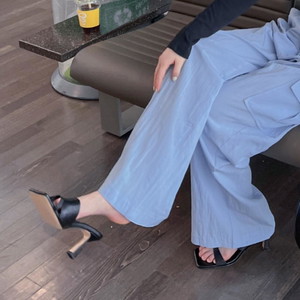 Natural Height Increase Strap Slippers Mule Square Toe Fluffy Cushion Sandals Heel Stiletto Mid Heel Date Look Summer Shoes Vacation Mule Heel Shoes