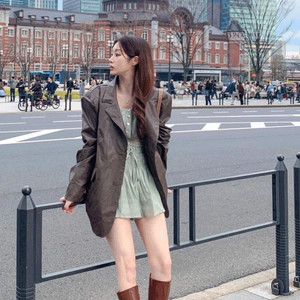 Thin pad overfit vintage leather jacket spring jacket high quality lambskin pocket button team mannish overfit collar leather rider blazer domestically produced opening look freshman look spring gray brown black