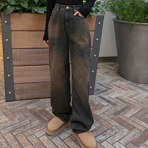 High waist yellow color washed Fleece-lined brushed denim pants retro boy fit cotton straight long pants boyfriend look Y2K hipster Blue denim Dark Blue denim SML
