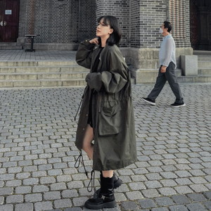 Waist adjustment overfit slender rustling string half high neck long field jacket pocket boy fit oversized Jacket khaki charcoal