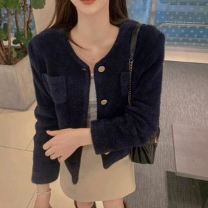 Angora wool tweed fur jacket no-collar pocket pearl gold button jacket wedding guest look spring jacket 4col