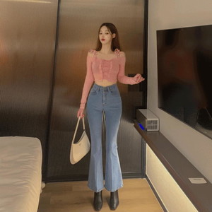 Two-button slimming all-season high waist, solid, high-quality Flared denim jeans, Spandex pants, SML, light blue , Light Blue Dark Blue