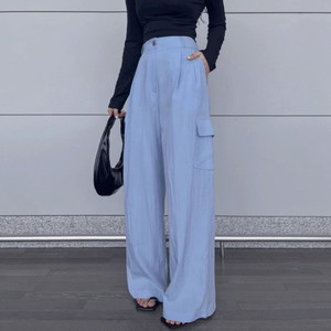 Y2K mood hip fit trendy these days summer cool cargo pants two pintuck nylon linen slacks high waist low rise low waist big pocket long wide slacks summer pants 3col