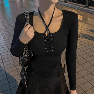Glam sexy corset one-neck eyelet hem round rolled t-shirt long sleeve t-shirt 4col
