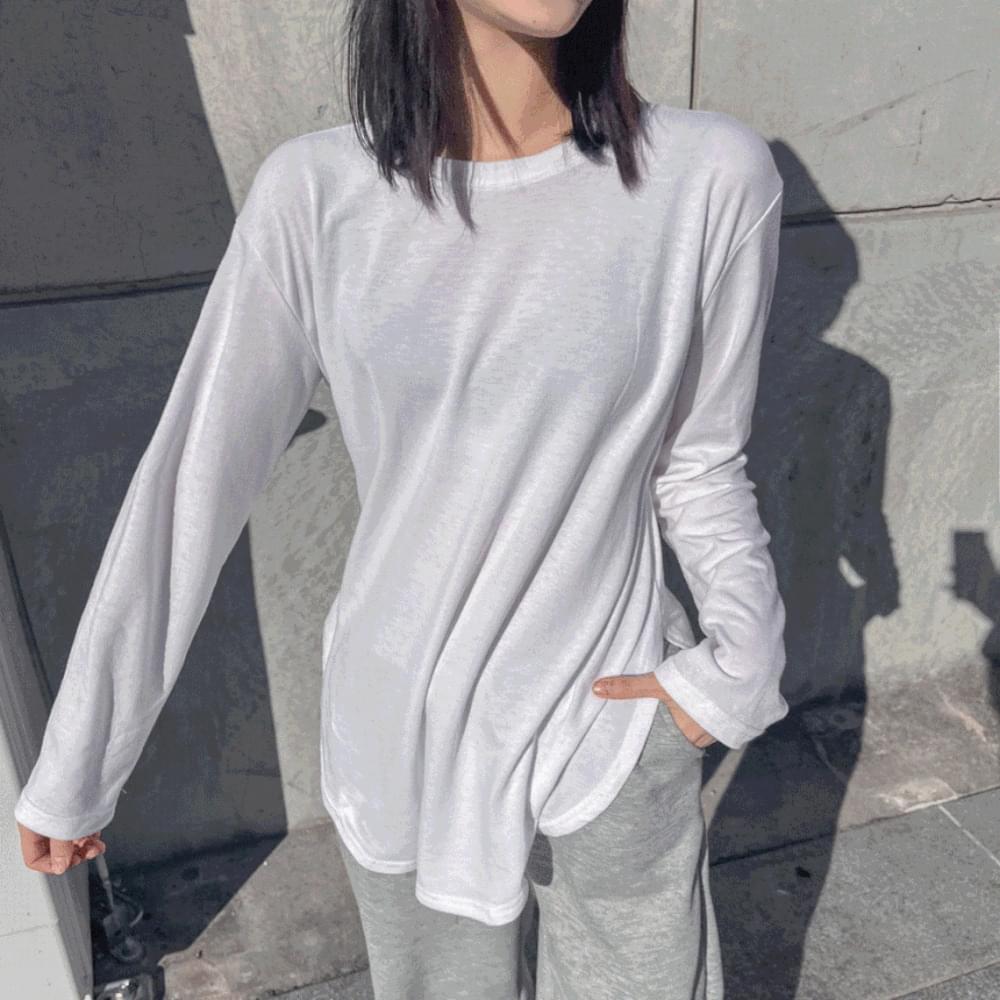 Winter inner hem round Loose-fit long layered t-shirt side slit round neck overfit basic tee 3col