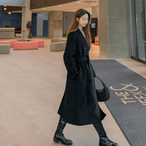 High quality standard double button long belt handmade wool Loose-fit slit slit long coat oatmeal dark oatmeal black