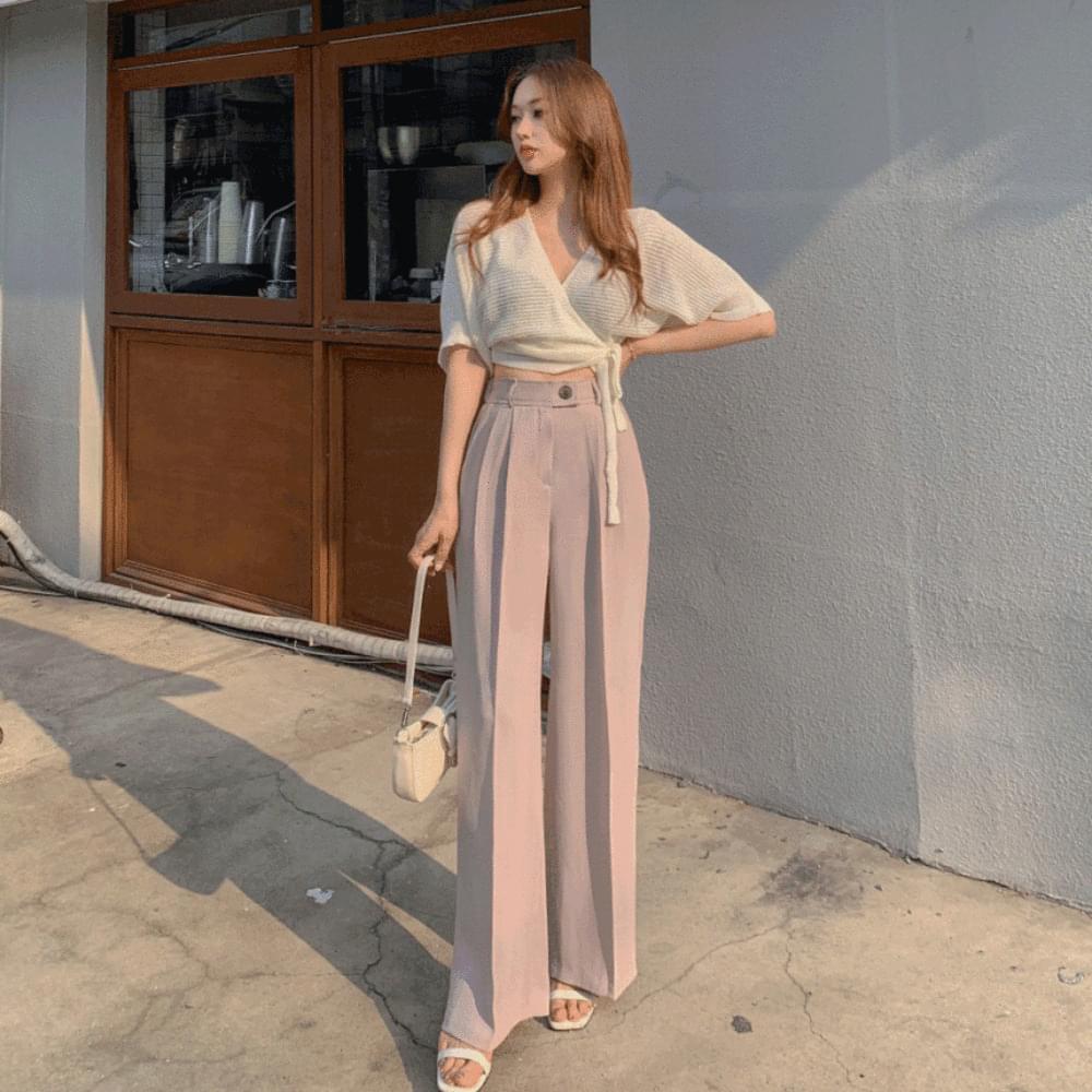Cheap fit cool back banding summer pants wrap button long high waist pin tuck wide slacks pants 5col
