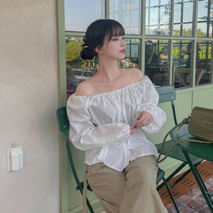 Lovely shirring puff round flare blouse banding cotton daily spring fall date look wedding guest look opening look 4col