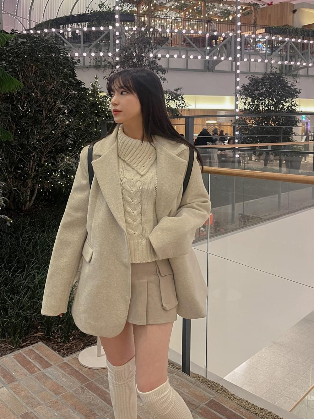 Until winter, it's up to the winter. Wool wool half coat jacket collar neck pocket Loose-fit Boxy single two button mannish winter outerwear Ivory gray black 3COL