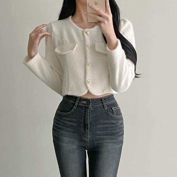 Heart button emboss crop JK fur jacket heart button jacket short jacket tweed jacket wedding guest look date look