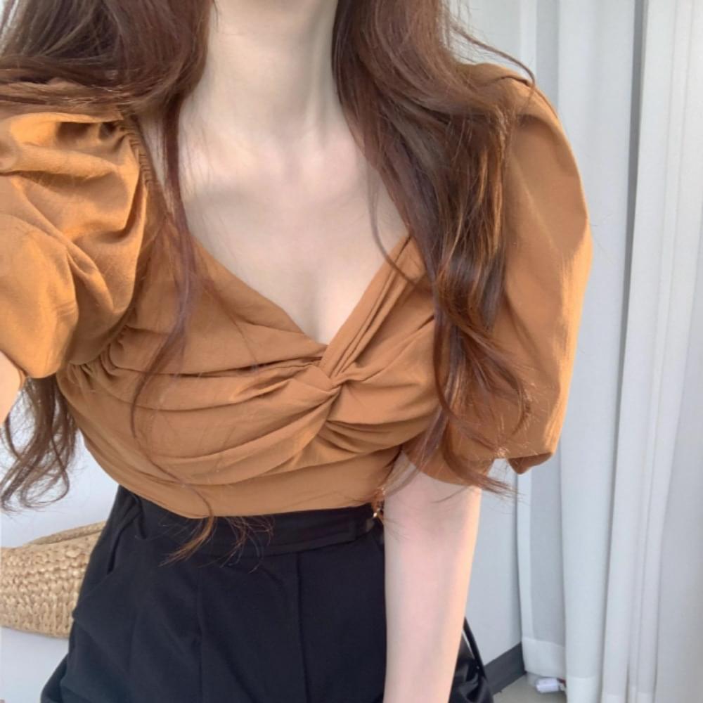 Balloon puff sleeve smoke banding square neck frill shirring twist short sleeve linen crop blouse beige brown black
