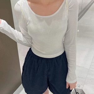Soft round neck Ribbed crop long sleeve t-shirt U-neck plain Spandex slim fit loose fit layered innerwear semi-crop fall winter knitwear 