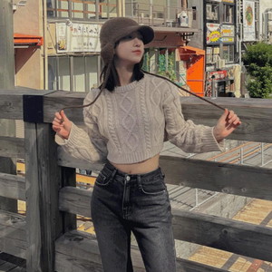 Warm and Twisted twist cable Loose-fit round crop long sleeve Knitwear tee beige brown dark gray