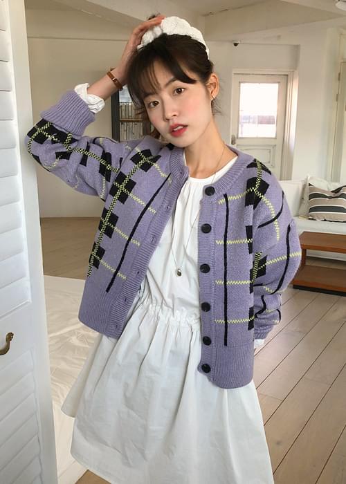 Layer color check wool cardigan