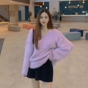 Soft cattail feel Loose-fit angora V-Neck V-neck feather fur Knitwear 6col