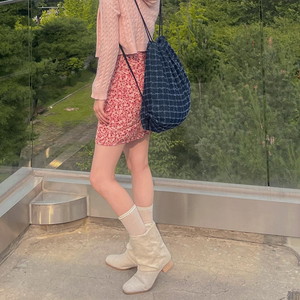 Linen hemp middle roll-up ankle boots half long four seasons wide cabra two-way fabric shirring Loose-fit y2k fall winter boots