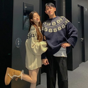 Couple Christmas Season Snowflake Nordic Loose-fit Long Sleeve Knitwear Overfit Unisex Winter Color Blocking