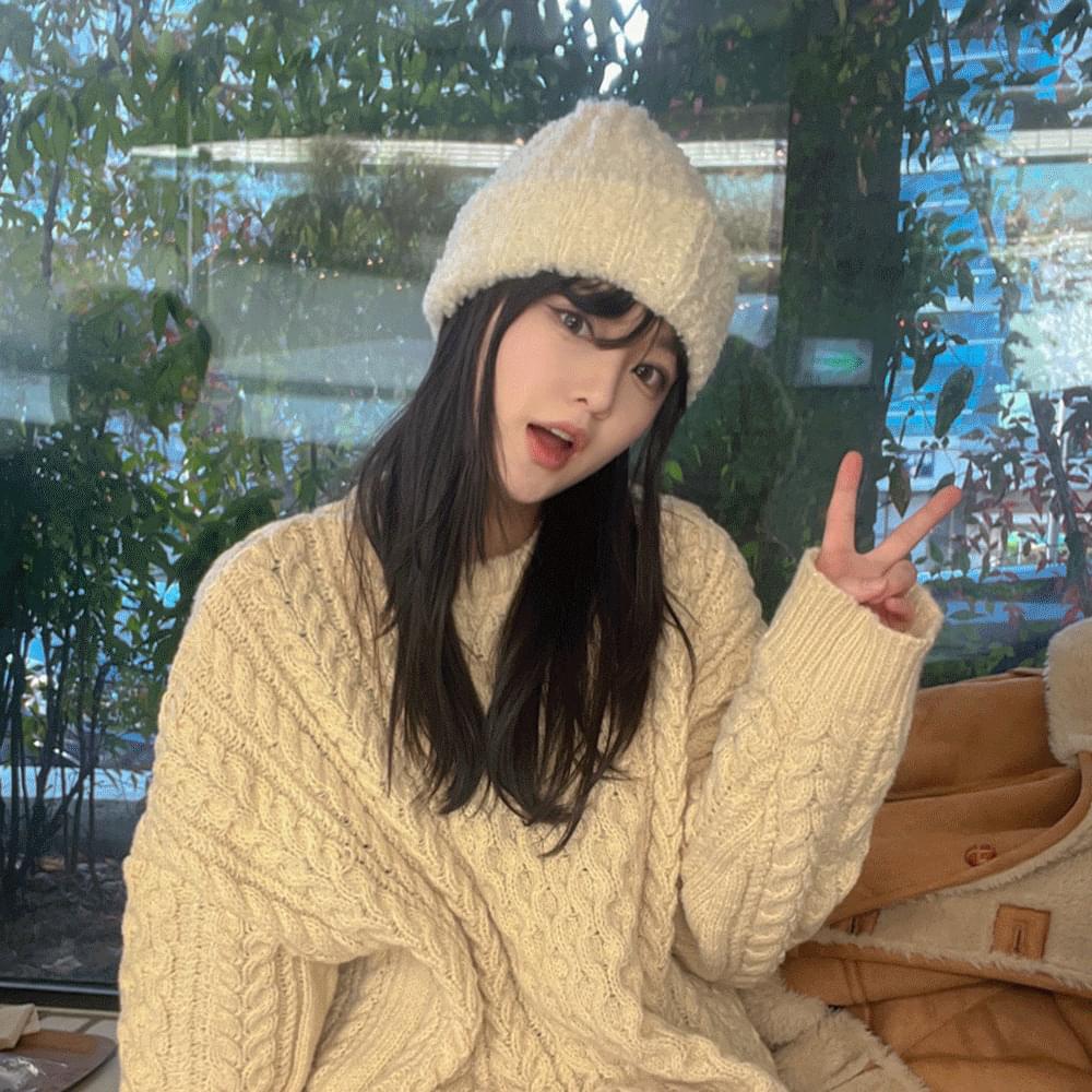 Fleece puffy boucle short beanie hat knitting Knitwear winter hat basic plain color long daily kkuanku easy wear 6OCL
