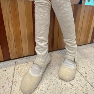 Wool Poggle Eco Fur Mary Jane Round Toe Buckle Fur Shoes Winter Flat Shoes Low Heel Sneakers 1CM Daily Kwan-Ku 230-250