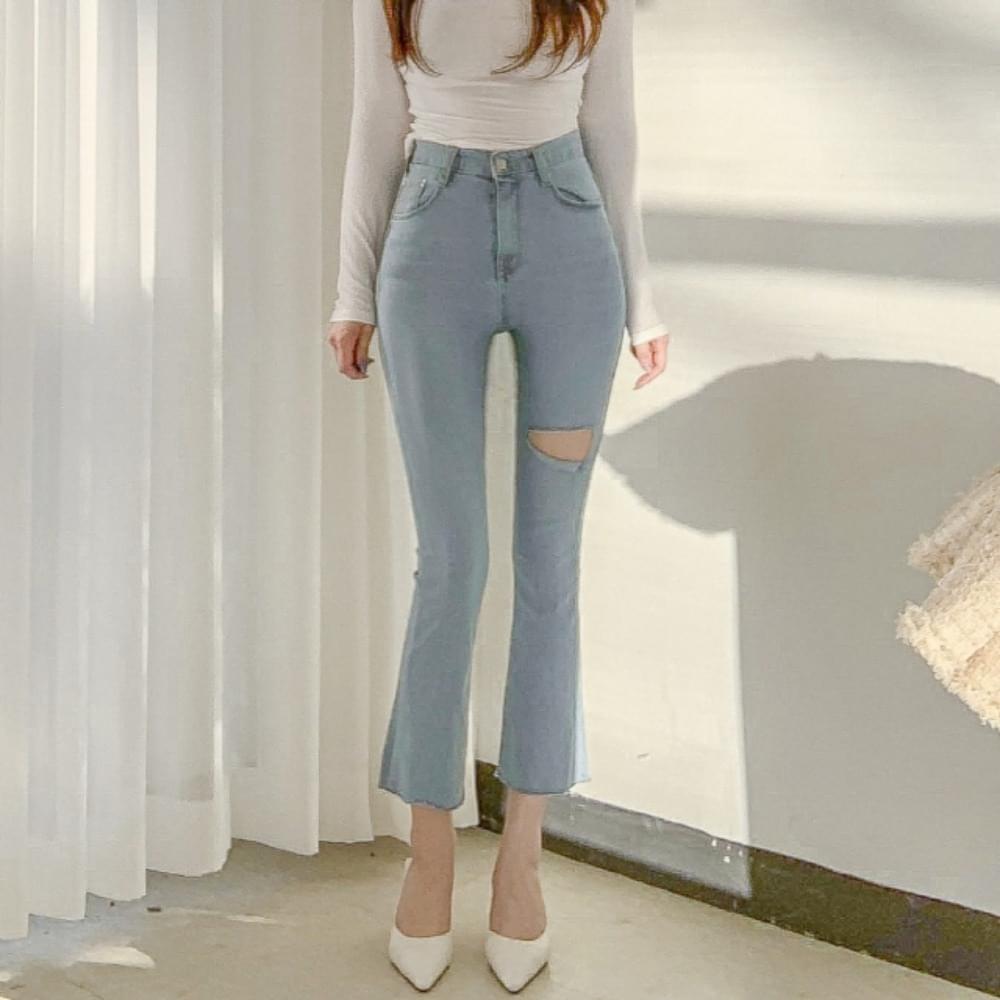 Thigh slit ripped denim destroyed slim crop high waist Flared jeans denim Light Blue light blue S M L XL