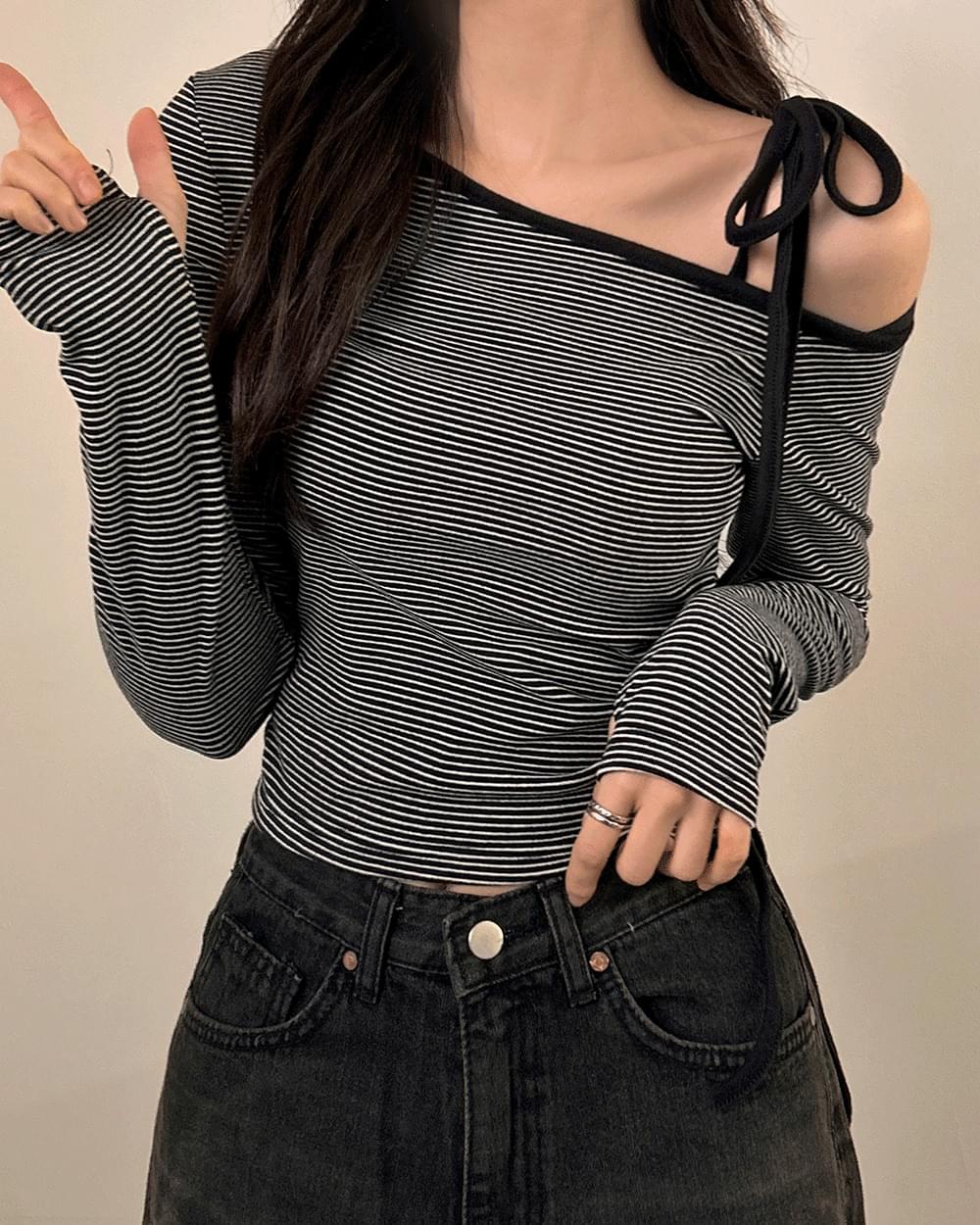 Kewpie Striped Warmer Ribbon One Off Shoulder Long Sleeve T-Shirt