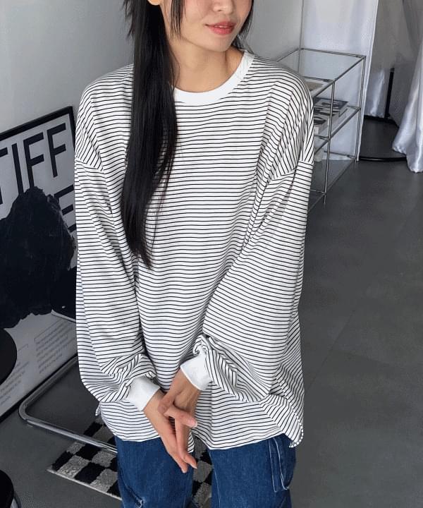 Fabi round neck overfit striped spring long sleeve t-shirt 3 colors