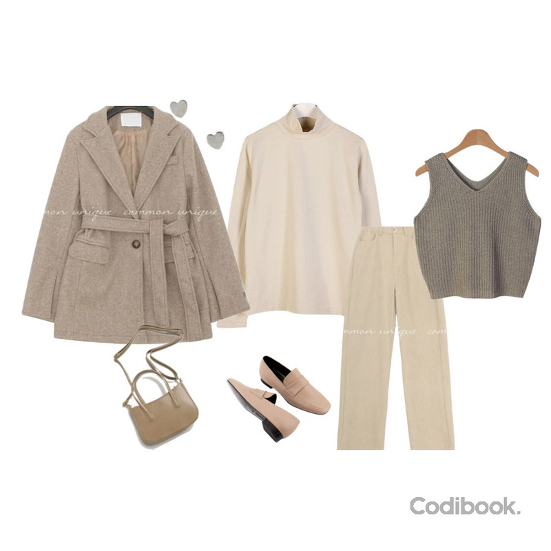 lavenir (silver925) heart earring,common unique 푸리타 울 스트랩 하프 코트,dangosister 에이드브이니트나시(7c)등을 매치한 코디