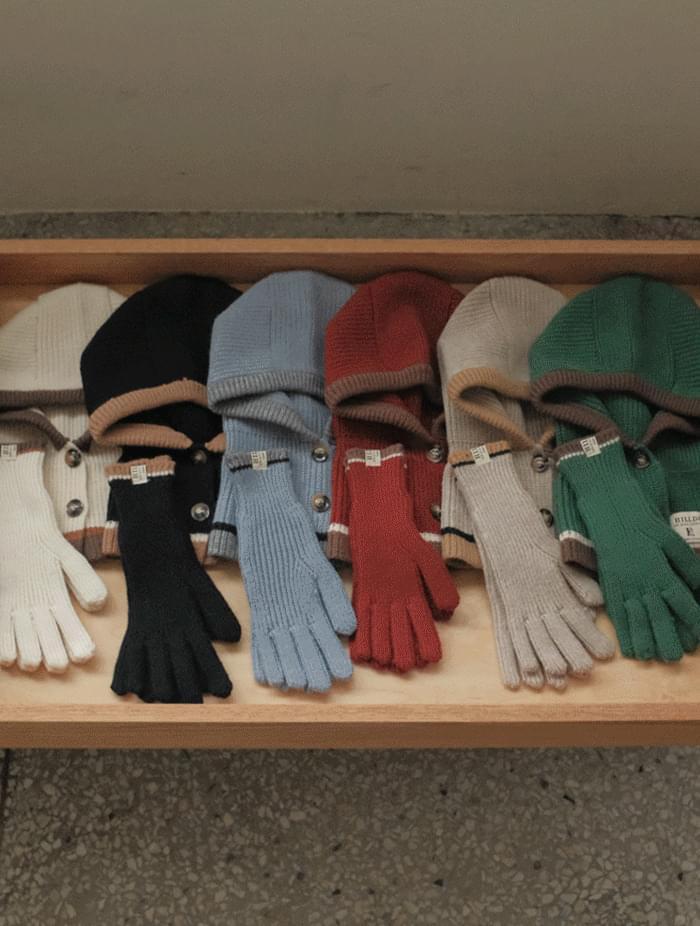 Thick color combination two button Knitwear balaclava finger hole gloves set 6 colors (Ships Today)