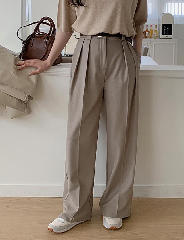 Hezzini belt set back banding wide slacks 74069