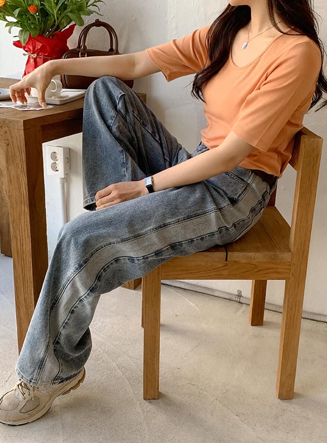 Larder color back banding wide denim pants 73923
