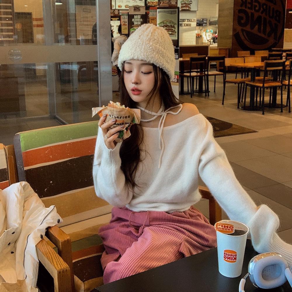 Angora off-shoulder choker cropped Knitwear ribbon rabbit fur Loose-fit long sleeve half-off boat neck uncut t-shirt spring fall winter 4COL (Ships Today)