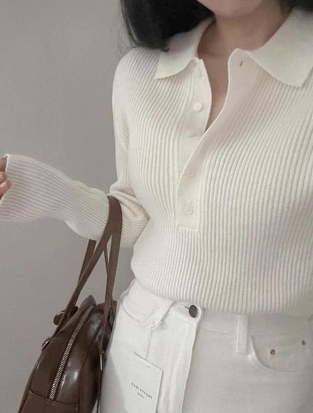 Button Ribbed Collar Knitwear -3color