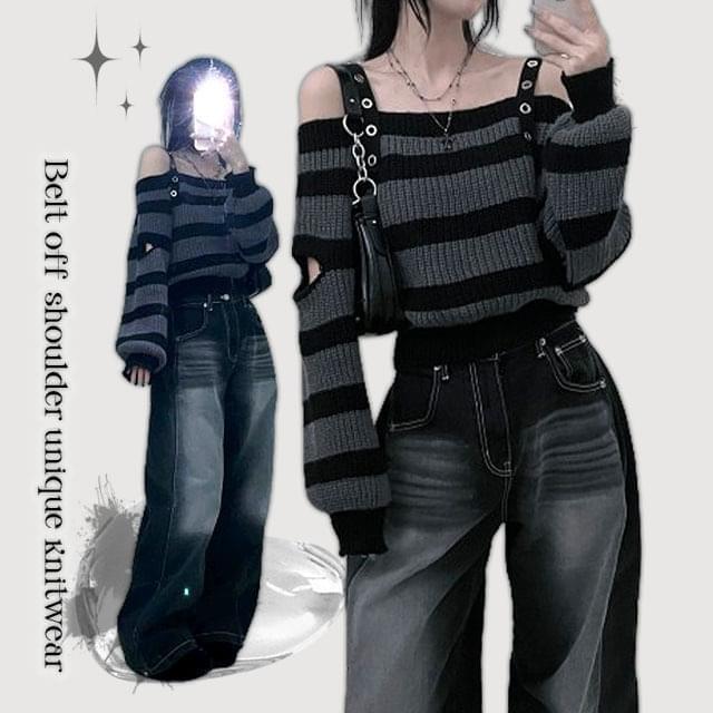 Duna Belt Striped Slit Off Shoulder Knitwear  (Ships Today)