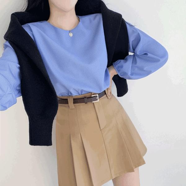 Picnic striped round neck long sleeve blouse P000BMSV