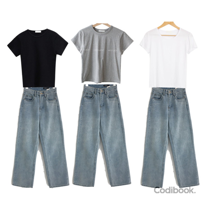 BEIDELLI 찾았다 인생 핏, 4color 와이드 데님 롱 팬츠,AWAB (1+1)레이온스판라운드티 -9color,WONLOG 페이드 울 티등을 매치한 코디