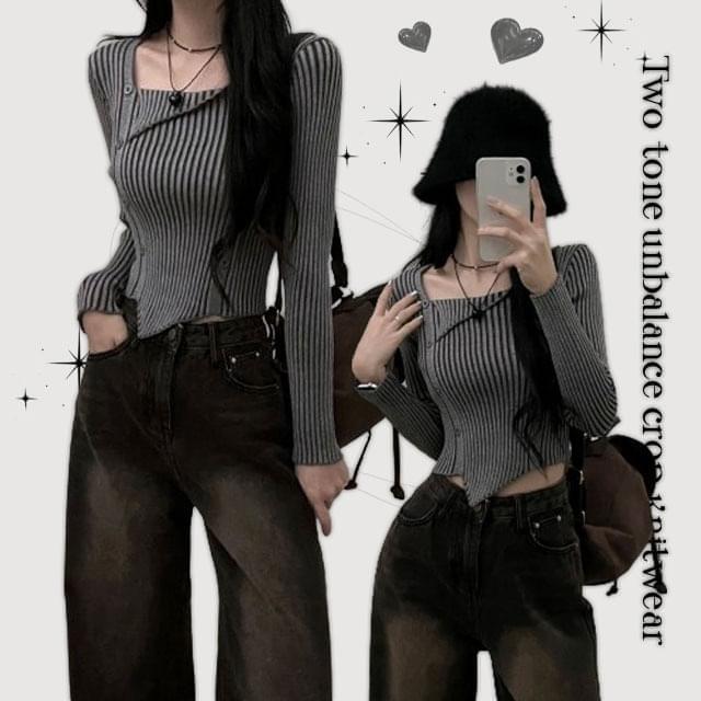 Odunbal two-tone Ribbed crop Knitwear long-sleeved T-shirt (Ships Today)