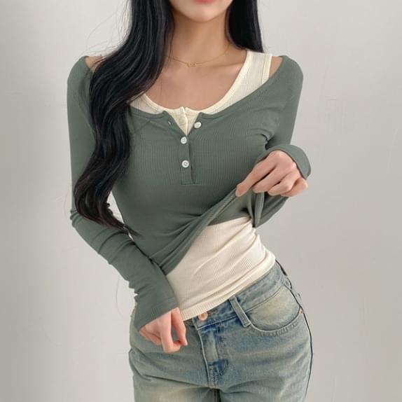 Hockey point button Sleeveless SET button tee button Sleeveless top layered set button tee button Sleeveless Ribbed ribbed tee slim fit Y2K layered tee