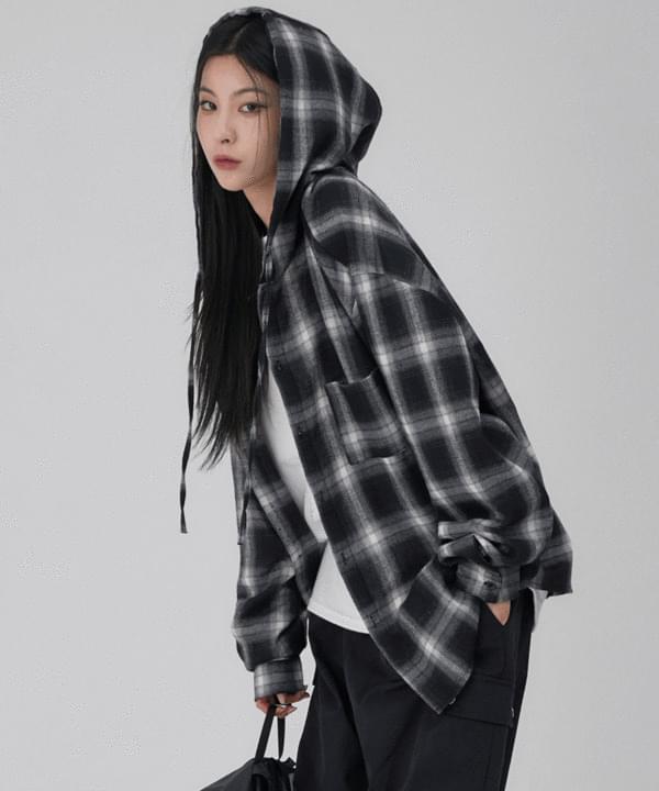 Tartan check hooded shirt 3color