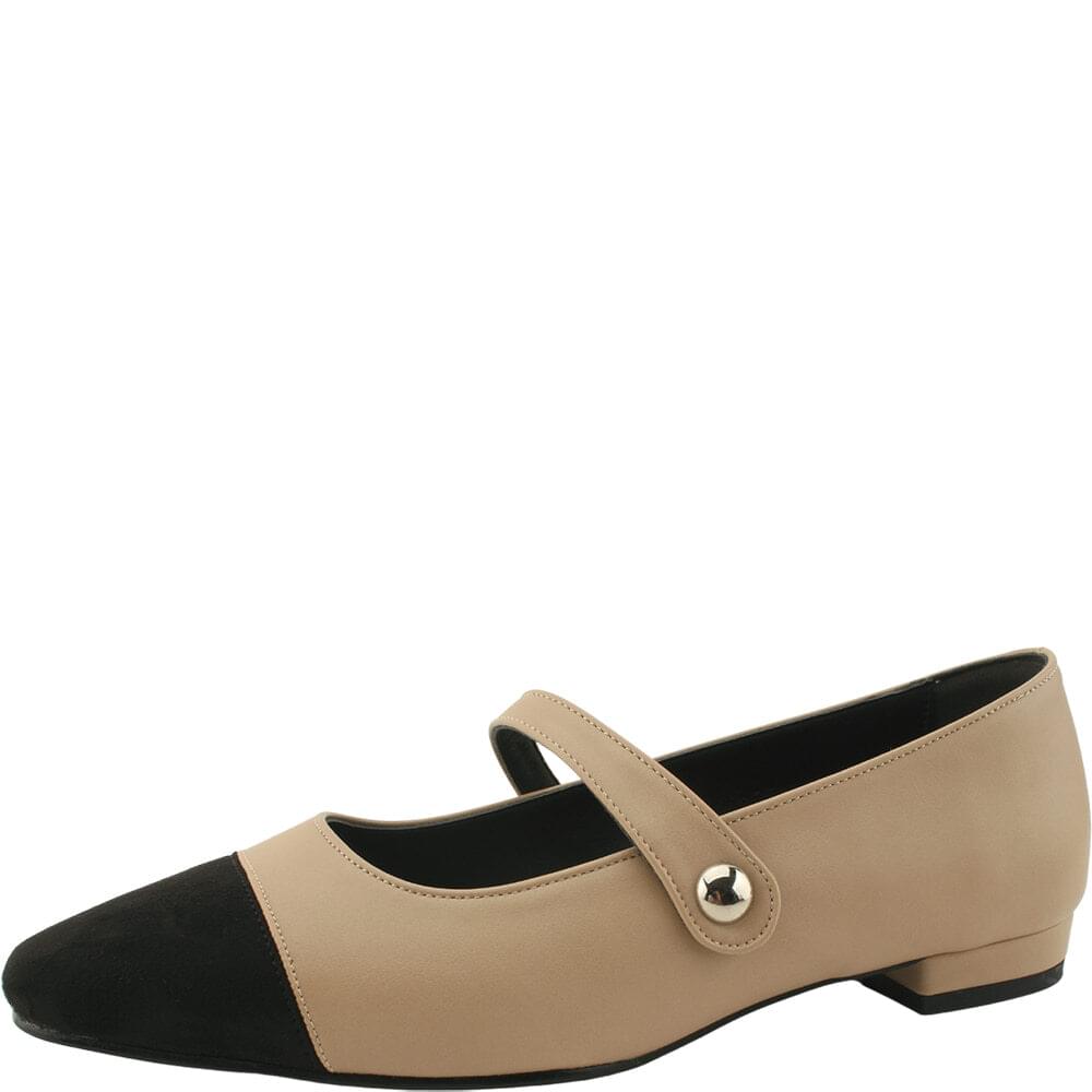 Two-tone Mary Jane low heel flat shoes beige