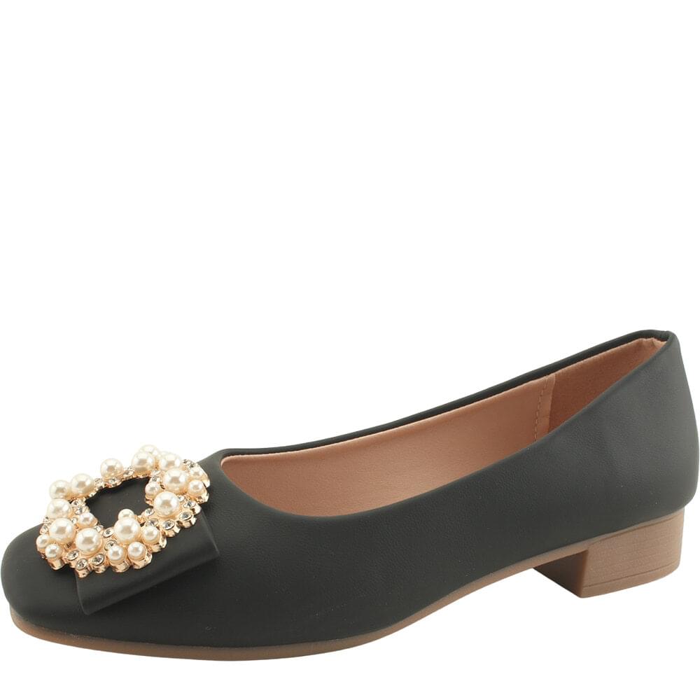 Pearl Cubic Ribbon Low Heel Soft Flat Pumps Black