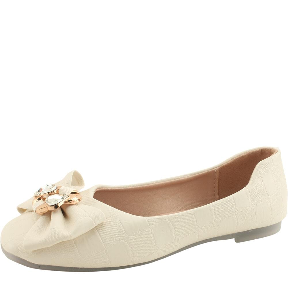 Cubic Beads Snakeskin Ribbon Two-tone Flat Pumps Beige