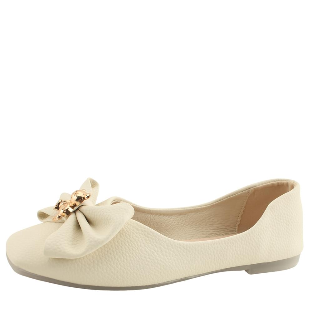 Bear cute shirring ribbon soft flat shoes beige