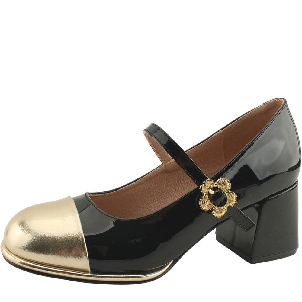 Enamel Flower Buckle Mary Jane Middle Heel Black